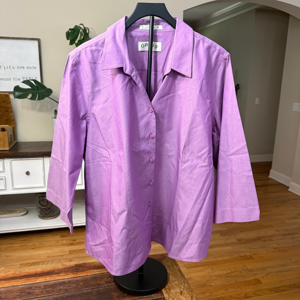 Orvis Womens 20 Wrinkle Free Cotton 3/4 Sleeve Button Down Shirt Orchid Purple